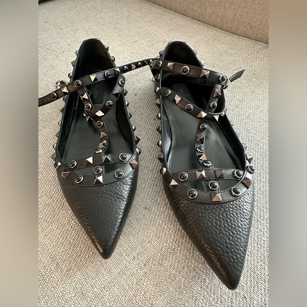 VALENTINO GARAVANI ROCKSTUD LEATHER BALLET FLATS Noir Excellent Condition